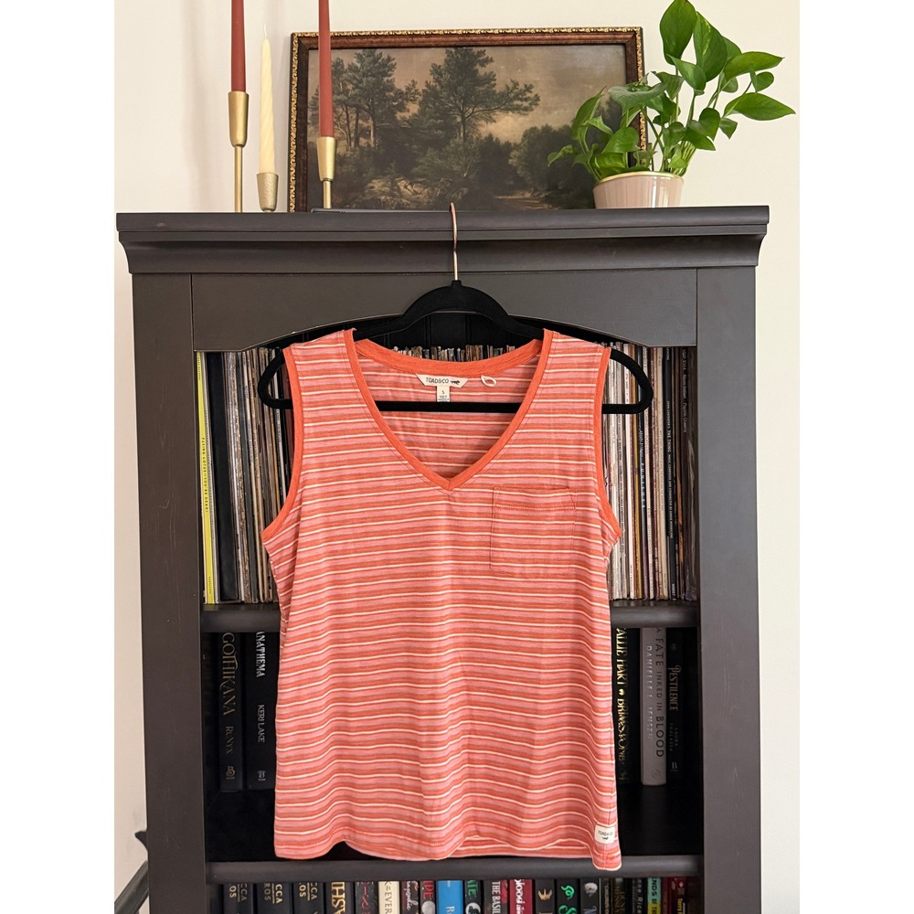 Toad&Co Striped V-Neck Pocket Tank Top Size S Orange Sleeveless Organic Cotton